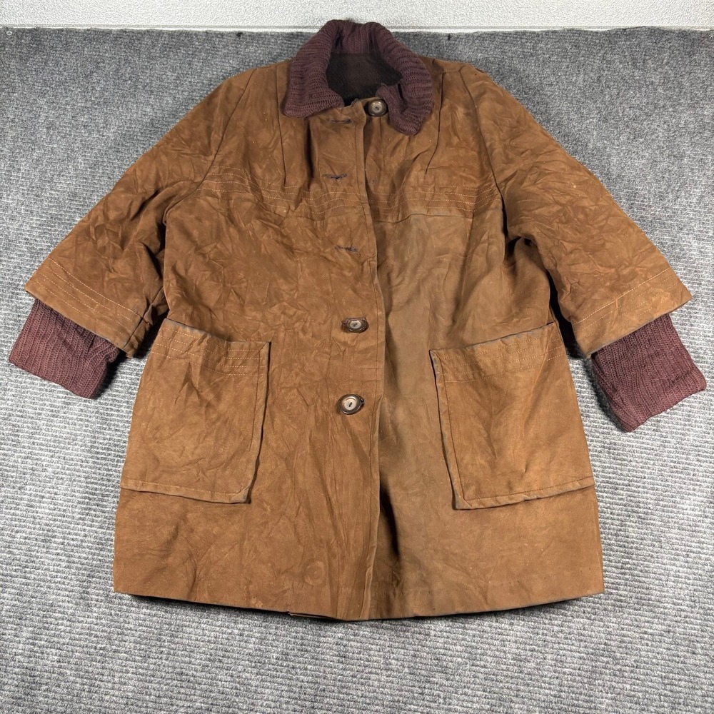 Vtg Lion-Suede Barn Coat Womens XL Brown Good Faux Fur Lined Knit Trim USA